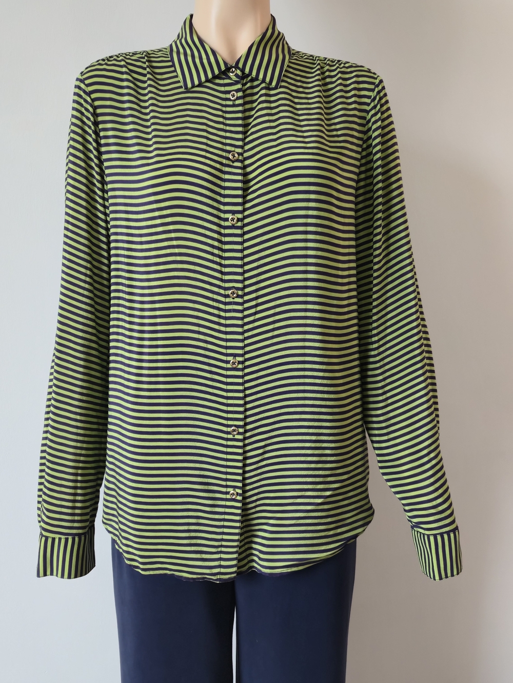 SILK Banana Republic Lime Green & Black Striped Button-Down Blouse Size L